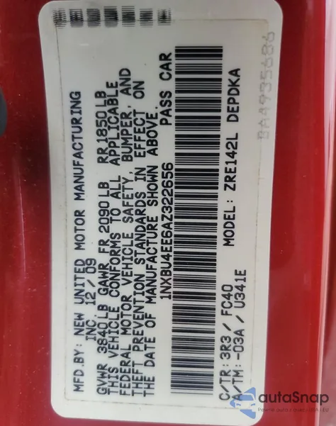 2010 Toyota Corolla Base из США, поврежденный, VIN 1NXBU4EE6AZ322656